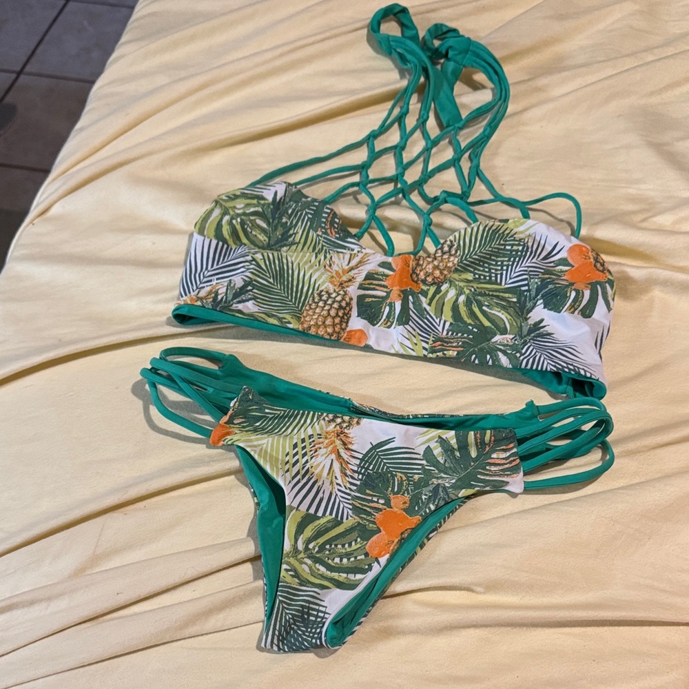 San Lorenzo Tropical Pineapple Green & Orange Strappy Bikini